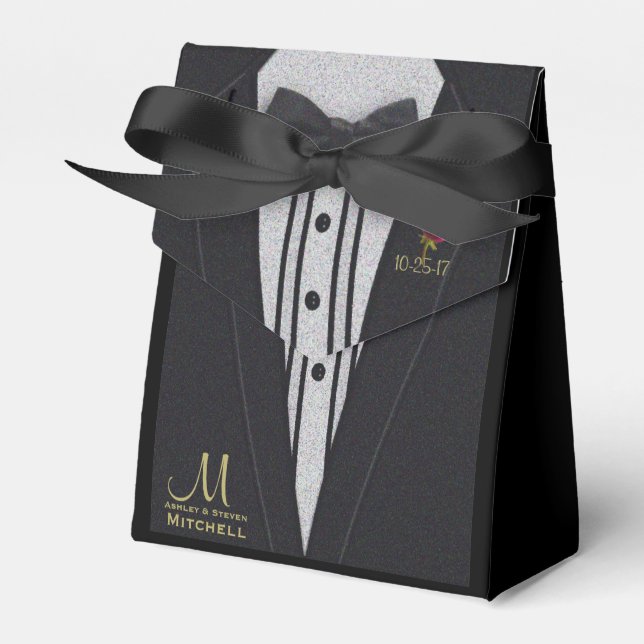 Black Tuxedo Monogram w/ Red Rose Favor Boxes (Front Side)
