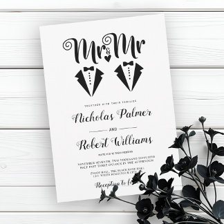 Black tuxedo Mr and Mr two grooms gay wedding Invitation