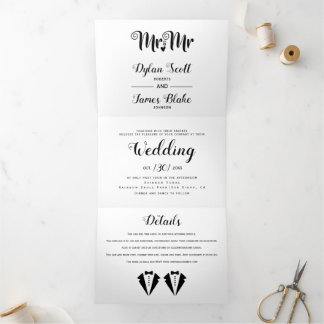 Black tuxedo Mr and Mr two grooms gay wedding Tri-Fold Invitation