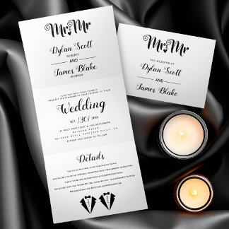 Black tuxedo Mr and Mr two grooms gay wedding Tri-Fold Invitation