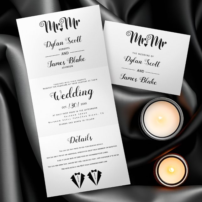 Black tuxedo Mr and Mr two grooms gay wedding Tri-Fold Invitation (Creator Uploaded)