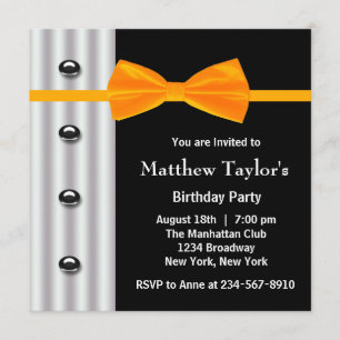 Black Tuxedo Orange Bow Tie Mens Birthday Party Invitation