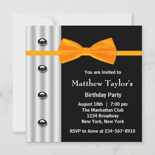 Black Tuxedo Orange Bow Tie Mens Birthday Party Invitation