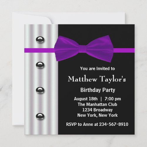Black Tuxedo Purple Bow Tie Mens Birthday Party Personalized Invite