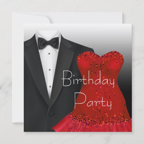 Black Tuxedo Red Dress Birthday Party Invitation