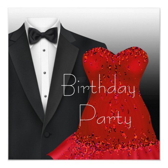 Black Tuxedo Red Dress Birthday Party Invitation