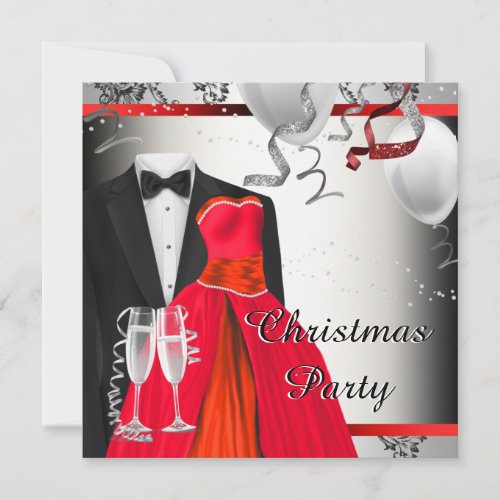 Black Tuxedo Red Dress Christmas PArty Invitation