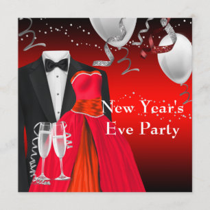 Black Tuxedo Red Dress New Years Eve Party Invitation