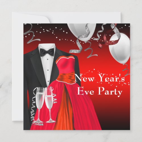 Black Tuxedo Red Dress New Years Eve Party Invitation