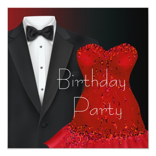 black tuxedo red dress party invitation template zazzle com