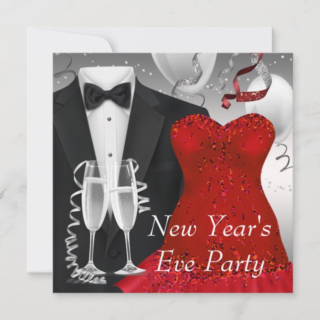 Black Tuxedo Red Dress Party Invitation Template (Front)