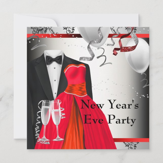 Black Tuxedo Red Dress Party Invitation Template (Front)