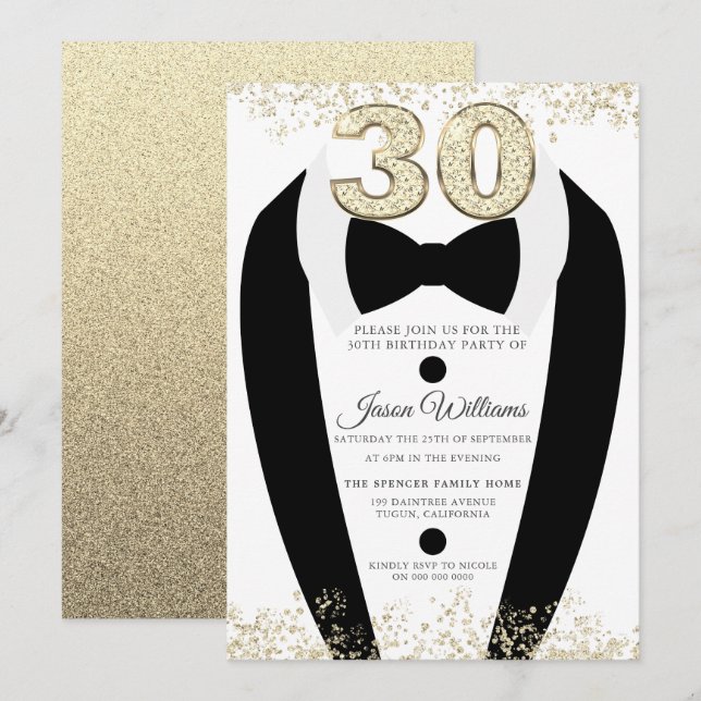 Black Tuxedo Suit Gold Mens 30th Birthday Party Invitation (Front/Back)