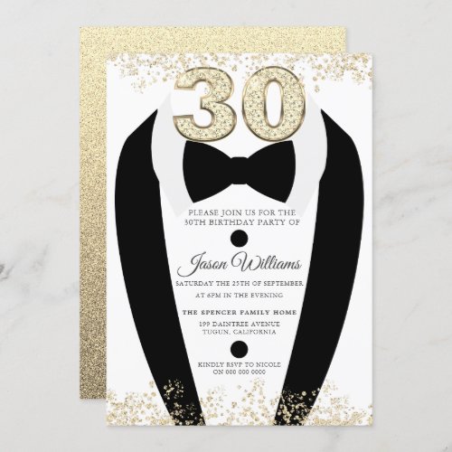 Black Tuxedo Suit Gold Mens 30th Birthday Party Invitation