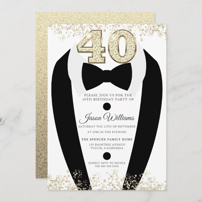 Black Tuxedo Suit Gold Mens 40th Birthday Party Invitation (Front/Back)