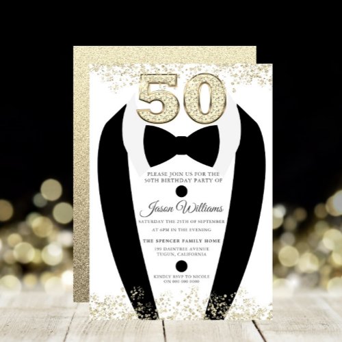Black Tuxedo Suit Gold Mens 50th Birthday Party Invitation
