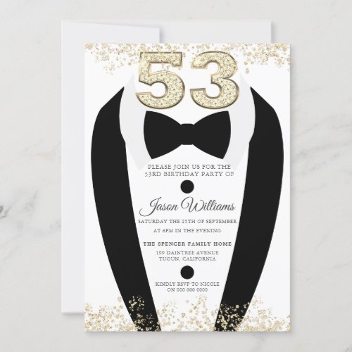 Black Tuxedo Suit Gold Mens 53rd Birthday Party Invitation