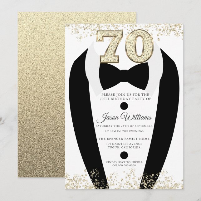 Black Tuxedo Suit Gold Mens 70th Birthday Party Invitation (Front/Back)