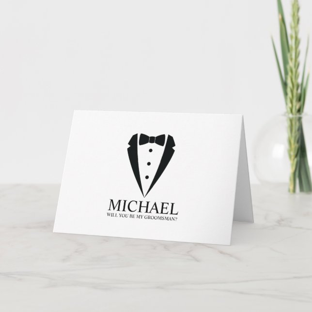 Black Tuxedo Suit Personalized Groomsman Proposal Invitation (Front)