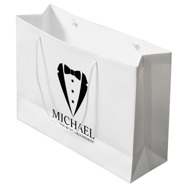 Black Tuxedo Suit Personalized Groomsman Proposal Large Gift Bag (Front Angled)
