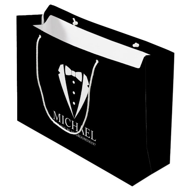 Black Tuxedo Suit Personalized Groomsman Proposal Large Gift Bag (Front Angled)