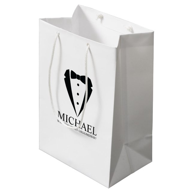 Black Tuxedo Suit Personalized Groomsman Proposal Medium Gift Bag (Front Angled)