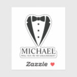 Black Tuxedo Suit Personalized Groomsman Proposal Sticker<br><div class="desc">Make Your Wedding Unforgettable – Add a personal touch with a groomsman proposal sticker
featuring a black tuxedo suit and bow tie illustration with a personalized groomsman's name and groomsmen proposal message in a classic serif font.

Also perfect for your best man,  ring bearer,  and more!</div>