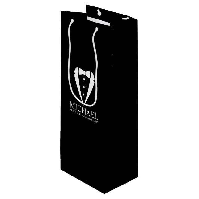 Black Tuxedo Suit Personalized Groomsman Proposal Wine Gift Bag (Front Angled)