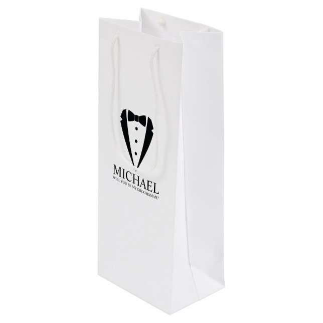 Black Tuxedo Suit Personalized Groomsman Proposal Wine Gift Bag (Front Angled)