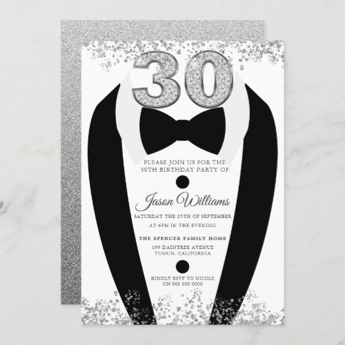 Black Tuxedo Suit Silver Mens 30th Birthday Party Invitation