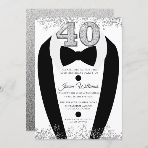 Black Tuxedo Suit Silver Mens 40th Birthday Party Invitation