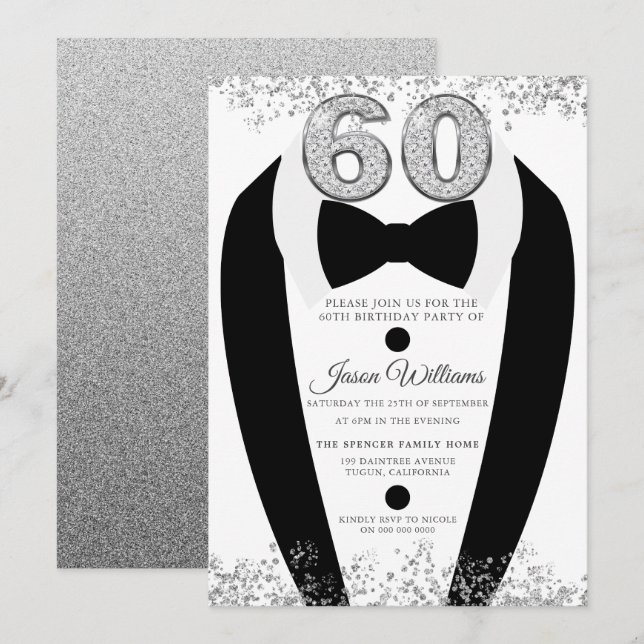 Black Tuxedo Suit Silver Mens 60th Birthday Party Invitation (Front/Back)