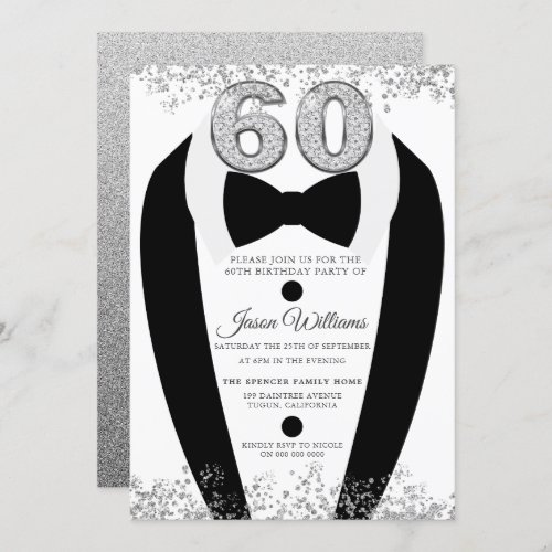 Black Tuxedo Suit Silver Mens 60th Birthday Party Invitation