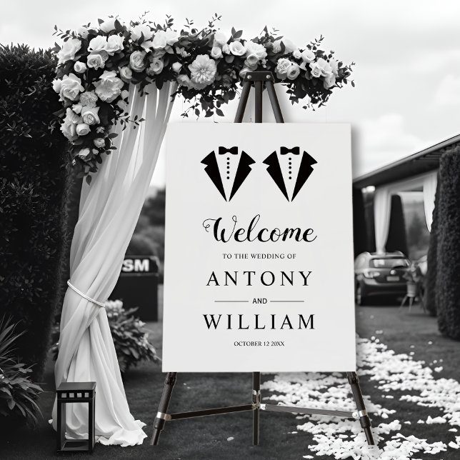 Black tuxedo two grooms gay wedding Welcome sign (Creator Uploaded)