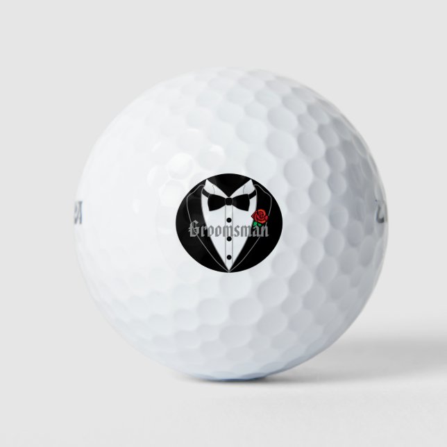 Black Tuxedo Wedding Favors Personalized Groomsman Golf Balls (Front)