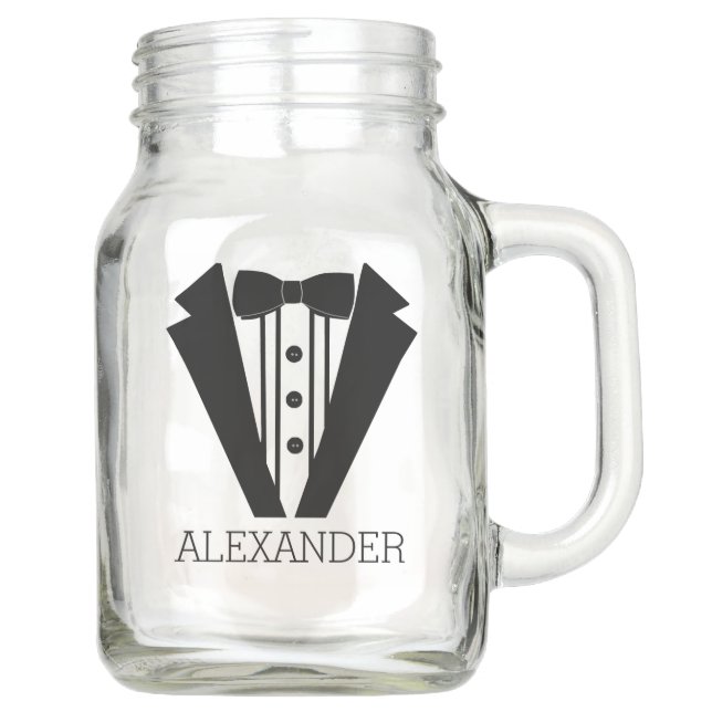Black Tuxedo Wedding - Grooms Personalized Mason Jar (Front)