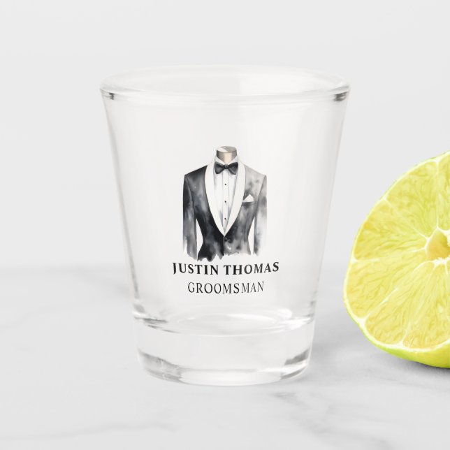 Black Tuxedo Wedding Party Groomsman Gift Shot Glass (Front)