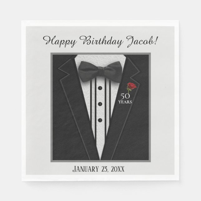 Black Tuxedo with Bow Tie Birthday Formal Napkins (Front)