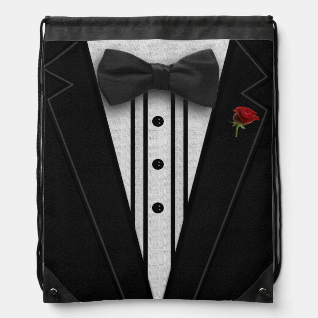 Black Tuxedo with Bow Tie Drawstring Bag (Front)
