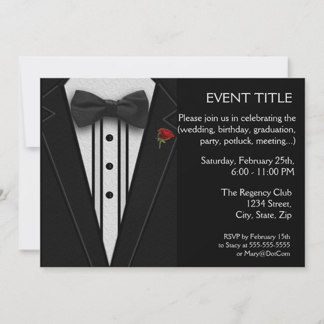 Black Tuxedo with Bow Tie Red Rose Invitation (Front)