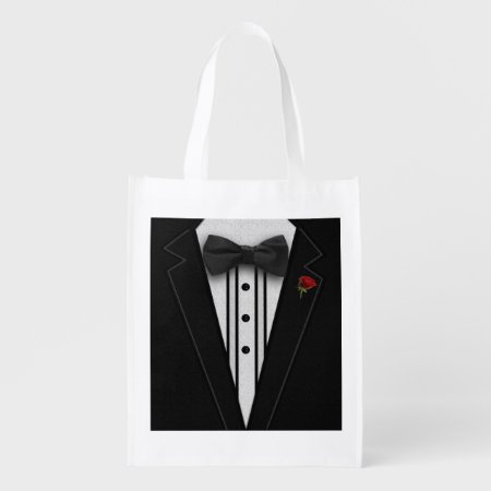 Black Tuxedo With Bow Tie Reusable Grocery Bag