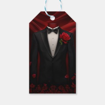 Black Tuxedo With Red Rose Gift Tags by GlitterInvitations at Zazzle