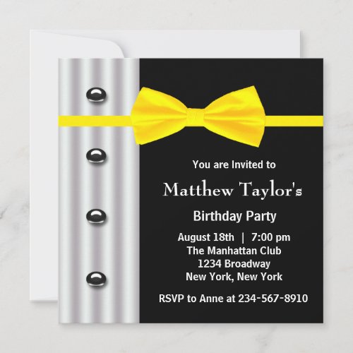 Black Tuxedo Yellow Bow Tie Mens Birthday Party Announcements
