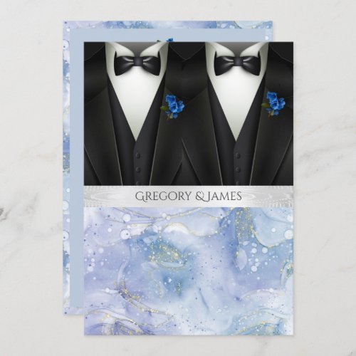 Black Tuxedos Blue Boutonniere Wedding Invitation