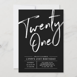 Black Twenty one   Modern 21st Birthday Party Invitation