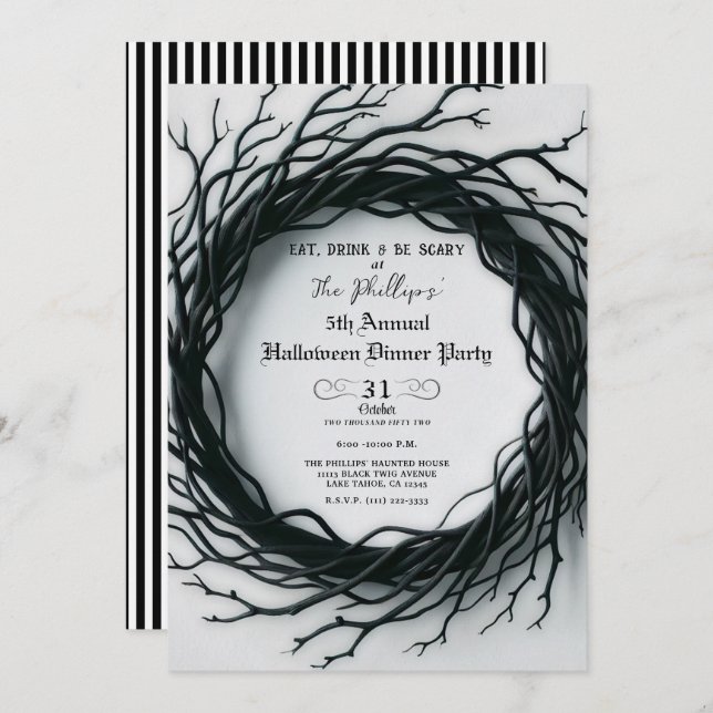 Black Twig Elegant Fall Halloween Dinner Party Invitation (Front/Back)