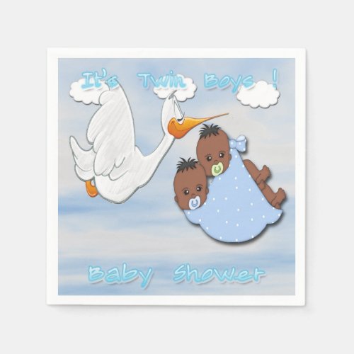 Black Twin Boys _ Stork Baby Shower Paper Napkins