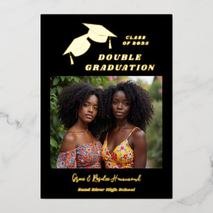 Black Two Brothers Double Graduation Gold Foil Invitation