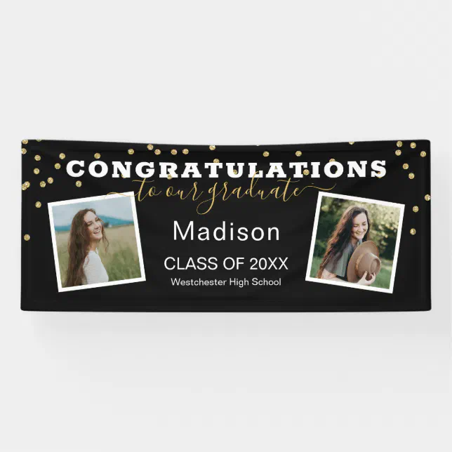 Black Two Photo Glitter Congratulations Graduation Banner | Zazzle