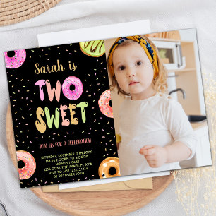 Black Two Sweet Pastel Photo Donut Birthday Invitation